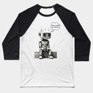 Cute Robot Tired of People retro anime comic funny design Baseball T-Shirt